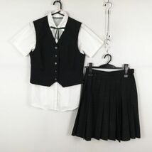 1円 ベスト チェックスカート 紐タイ 上下4点セット 夏物 女子 学生服 日本航空高校 紺 制服 中古 ランク:B EY5397_画像1