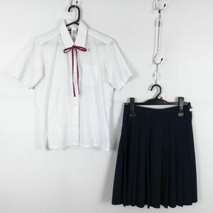 1円 ブラウス スカート 紐タイ 上下3点セット M 夏物 女子 学生服 中学 高校 白 制服 中古 ランク:C EY8993