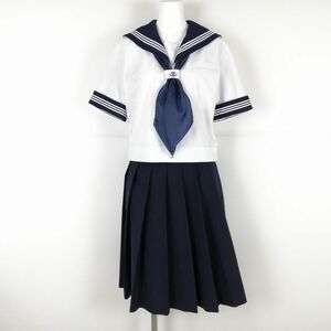 1円 セーラー服 スカート スカーフ 上下3点セット 175A 夏物 白3本線 女子 学生服 中学 高校 白 制服 中古 ランクB NA4432