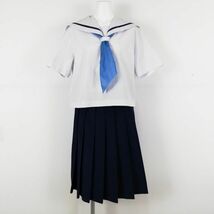 1円 セーラー服 スカート スカーフ 上下3点セット 大きいサイズ カンコー 夏物 青1本線 女子 学生服 中学 高校 白 中古 ランクC NA5272_画像1