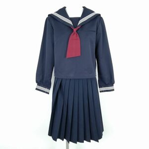 1 jpy sailor suit skirt necktie top and bottom 3 point set 160A large size can ko- winter thing white 3ps.@ line woman middle . high school navy blue used rank C NA5261