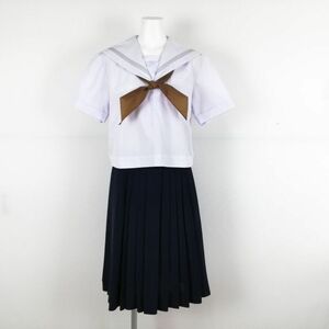 1円 セーラー服 スカート スカーフ 上下3点セット 大きいサイズ 夏物 グレー3本線 女子 学生服 兵庫山陽中学 白 制服 中古 ランクC NA5380