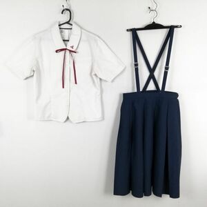 1円 ブラウス スカート 紐タイ 上下3点セット L 大きいサイズ 夏物 女子 学生服 福岡東筑高校 白 制服 中古 ランク:C EY9253