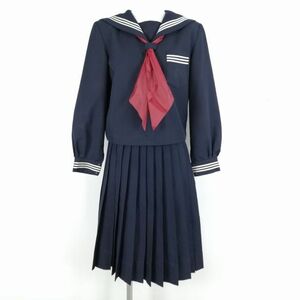 1円 セーラー服 スカート スカーフ 上下3点セット 冬物 白3本線 女子 学生服 島根迫太中学 紺 制服 中古 ランクC NA5574