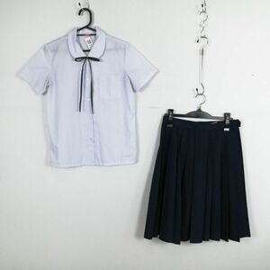 1円 ブラウス スカート 紐タイ 上下3点セット 150 カンコー 夏物 女子 学生服 中学 高校 白 制服 中古 ランクC NA4647