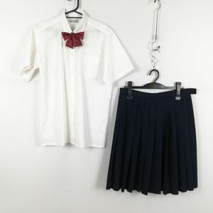 1円 ブラウス スカート リボン 上下3点セット LL 大きいサイズ 夏物 女子 学生服 中学 高校 白 制服 中古 ランク:C EY9225