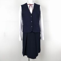 1円 ベスト スカート 紐タイ 上下4点セット 冬物 女子 学生服 中学 高校 紺 制服 中古 ランクC NA3834_画像1