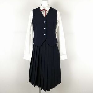 1円 ベスト スカート 紐タイ 上下4点セット 冬物 女子 学生服 中学 高校 紺 制服 中古 ランクC NA4207