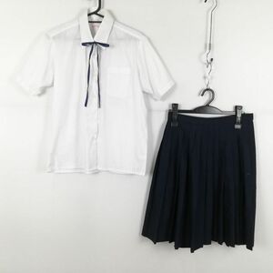 1円 ブラウス スカート 紐タイ 上下3点セット M 大きいサイズ 夏物 女子 学生服 中学 高校 白 制服 中古 ランク:C EY9246