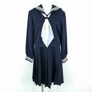 1円 セーラー服 ジャンパースカート スカーフ 上下3点セット 冬物 白3本線 女子 学生服 香川明善高校 紺 制服 中古 ランクB NA5565