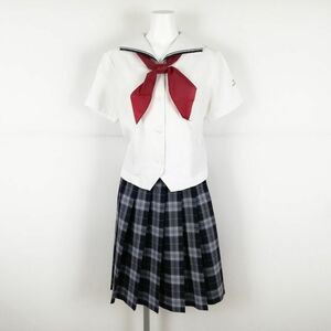 1円 セーラー服 チェックスカート スカーフ 上下3点セット L トンボ 夏物 グレー青各1本線 女子 東京明法中学高校 白 中古 ランクC NA5633