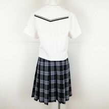 1円 セーラー服 チェックスカート スカーフ 上下3点セット L トンボ 夏物 グレー青各1本線 女子 東京明法中学高校 白 中古 ランクC NA5633_画像2