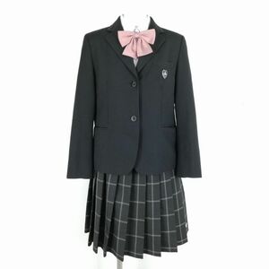 1円 ブレザー チェックスカート リボン 上下4点セット 指定 カンコー 冬物 女子 学生服 鹿児島明桜館高校 黒 制服 中古 ランクC NA5647