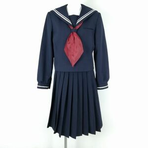 1円 セーラー服 スカート スカーフ 上下3点セット 165A カンコー 冬物 白2本線 女子 学生服 中学 高校 紺 制服 中古 ランクC NA4802