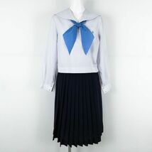 1円 セーラー服 スカート スカーフ 上下3点セット 中間服 白3本線 女子 学生服 兵庫姫路東高校 白 制服 中古 ランクC NA5022_画像1