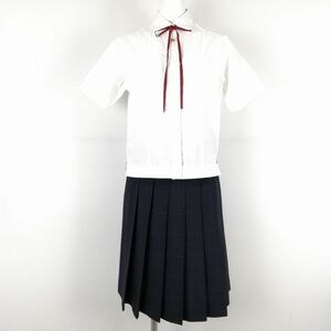 1円 ブラウス チェックスカート 紐タイ 上下3点セット M 夏物 女子 学生服 中学 高校 白 制服 中古 ランクB NA4372