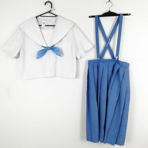 1円 セーラー服 スカート スカーフ 上下3点セット 大きいサイズ 夏物 白2本線 女子 学生服 中学 高校 白 制服 中古 ランク:C EY6109