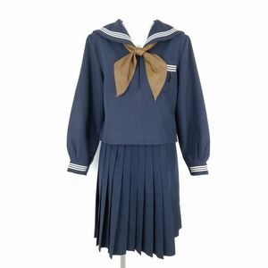 1 jpy sailor suit skirt scarf top and bottom 3 point set large size winter thing white 3ps.@ line woman school uniform middle . high school navy blue uniform used rank C NA5054