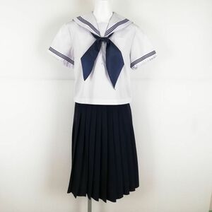 1円 セーラー服 スカート スカーフ 上下3点セット 大きいサイズ 夏物 青3本線 女子 学生服 中学 高校 白 制服 中古 ランクC NA5546