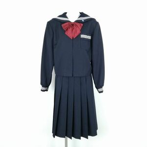 1円 セーラー服 スカート リボン 上下3点セット 大きいサイズ 冬物 白3本線 女子 学生服 鹿児島伊集院高校 紺 制服 中古 ランクC NA5409