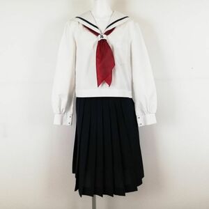 1円 セーラー服 スカート スカーフ 上下3点セット 大きいサイズ 中間服 青1本線 女子 学生服 中学 高校 白 制服 中古 ランクC NA5278