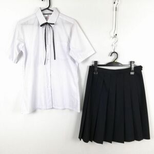 1円 ブラウス スカート 紐タイ 上下3点セット 165 大きいサイズ 夏物 女子 学生服 中学 高校 白 制服 中古 ランク:C EY9285