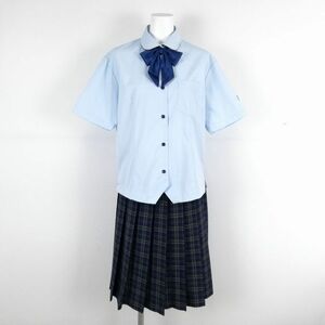 1 jpy blouse check skirt ribbon top and bottom 4 point set large size summer thing woman school uniform Kyoto both . high school light blue uniform used rank C NA5967