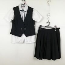 1円 ベスト スカート 紐タイ 上下4点セット 夏物 女子 学生服 東京日野第四中学 紺 制服 中古 ランク:C EY5420_画像1