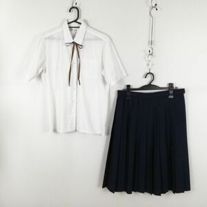 1円 ブラウス スカート 紐タイ 上下3点セット 160B 大きいサイズ 夏物 女子 学生服 中学 高校 白 制服 中古 ランク:C EY9633