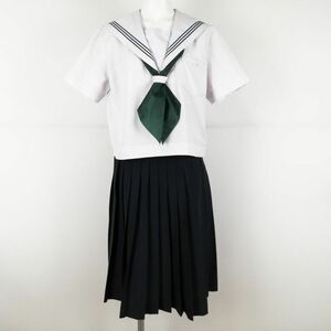 1円 セーラー服 スカート スカーフ 上下3点セット 大きいサイズ 夏物 緑3本線 女子 学生服 中学 高校 白 制服 中古 ランクC NA5416