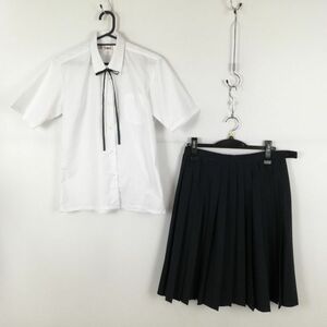 1円 ブラウス スカート 紐タイ 上下3点セット 160 大きいサイズ 夏物 女子 学生服 中学 高校 白 制服 中古 ランク:C EY9632