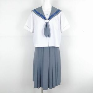 1円 セーラー服 スカート 上下2点セット 大きいサイズ トンボ 夏物 水色3本線 女子 学生服 鹿児島喜入中学 白 制服 中古 ランクC NA5919