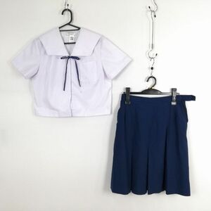 1円 セーラー服 スカート 紐タイ 上下3点セット L 大きいサイズ 夏物 女子 学生服 中学 高校 白 制服 中古 ランク:C EY7326