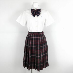 1 jpy blouse check skirt ribbon top and bottom 3 point set summer thing woman school uniform middle . high school white uniform used rank C NA5965
