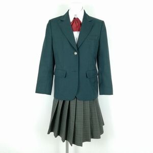 1円 ブレザー チェックスカート リボン 上下4点セット 指定 M トンボ 冬物 女子 学生服 中学 高校 緑 制服 中古 ランクC NA5552