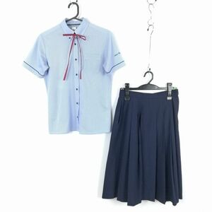 1円 ブラウス スカート 紐タイ 上下3点セット M トンボ 夏物 女子 学生服 福岡志免東中学 ストライプ（青/白） 制服 中古 ランク:C EY9642