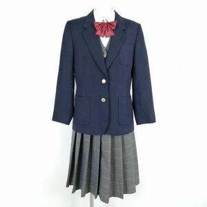 1円 ブレザー ベスト チェックスカート リボン 上下5点セット 指定 165A トンボ 冬物 女子 学生服 埼玉宮原中学 紺 中古 ランクC NA5949