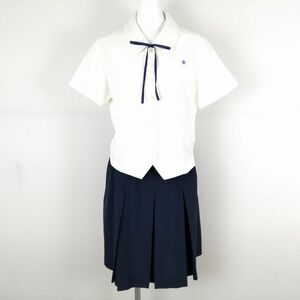 1円 ブラウス スカート 紐タイ 上下3点セット L 大きいサイズ トンボ 夏物 女子 学生服 福岡筑紫高校 白 制服 中古 ランクC NA5174