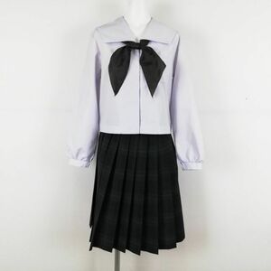 1円 セーラー服 チェックスカート スカーフ 上下3点セット L 大きいサイズ 中間服 女子 学生服 中学 高校 白 制服 中古 ランクC NA5235