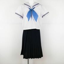 1円 セーラー服 スカート スカーフ 上下3点セット 大きいサイズ 夏物 青3本線 女子 学生服 中学 高校 白 制服 中古 ランクC NA6386_画像1