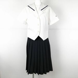 1円 セーラー服 スカート 上下2点セット LL 大きいサイズ トンボ 夏物 青1本線 女子 学生服 中学 高校 白 制服 中古 ランクC NA6394