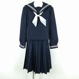 1円 セーラー服 スカート スカーフ 上下3点セット 大きいサイズ 特大 冬物 白2本線 女子 学生服 中学 高校 紺 制服 中古 ランクC NA6296