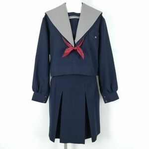 1円 セーラー服 スカート スカーフ 上下3点セット 大きいサイズ 冬物 白3本線 女子 学生服 中学 高校 紺 制服 中古 ランクC NA6088