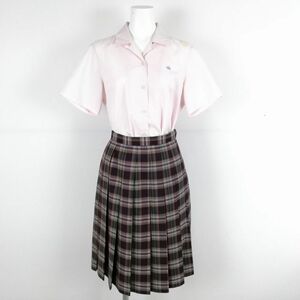 1円 ブラウス チェックスカート 上下2点セット 夏物 女子 学生服 中学 高校 ピンク 制服 中古 ランクC NA5966