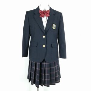 1円 ブレザー チェックスカート リボン 上下4点セット M トンボ 冬物 女子 学生服 大阪我孫子南中学 紺 制服 中古 ランクB NA5999