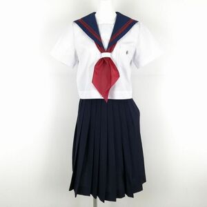 1円 セーラー服 スカート スカーフ 上下3点セット 夏物 赤2本線 女子 学生服 中学 高校 白 制服 中古 ランクC NA6376