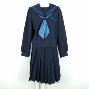 1円 セーラー服 スカート スカーフ 上下3点セット 大きいサイズ 冬物 青3本線 女子 学生服 中学 高校 紺 制服 中古 ランクC NA6038