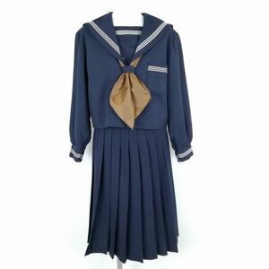 1円 セーラー服 スカート スカーフ 上下3点セット 大きいサイズ 冬物 白3本線 女子 学生服 中学 高校 紺 制服 中古 ランクC NA5408