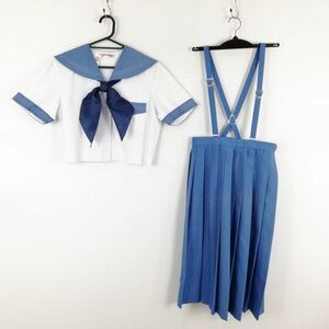 1円 セーラー服 スカート スカーフ 上下3点セット 夏物 白ステッチ3本線 女子 学生服 中学 高校 白 制服 中古 ランクC NA6373