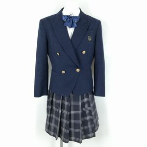 1円 ブレザー チェックスカート リボン 上下4点セット S 冬物 女子 学生服 中学 高校 紺 制服 中古 ランクC NA6064